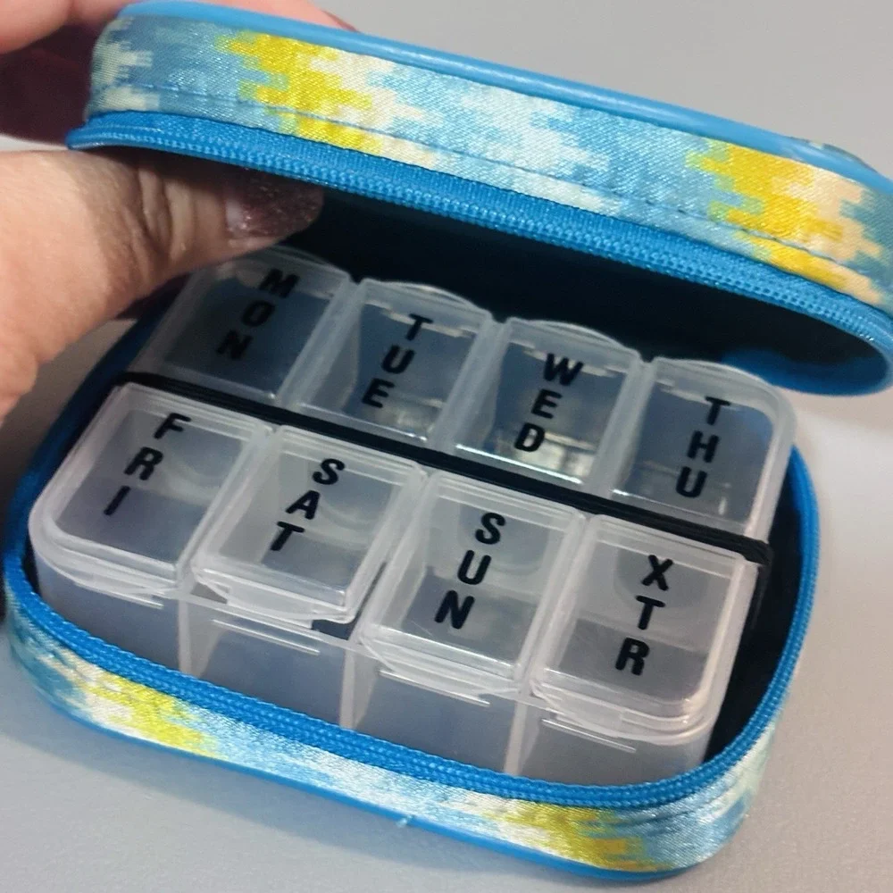 Weekly Travel Pill Organizer Case Blue Green Zip Close Medicine Holder New